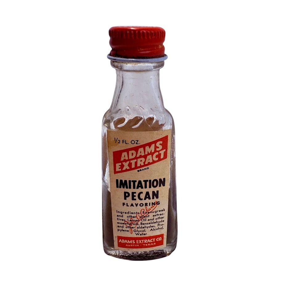Adams Extract Imitation Pecan Flavoring Vintage Bottle Austin Texas 1/2 Fl Oz